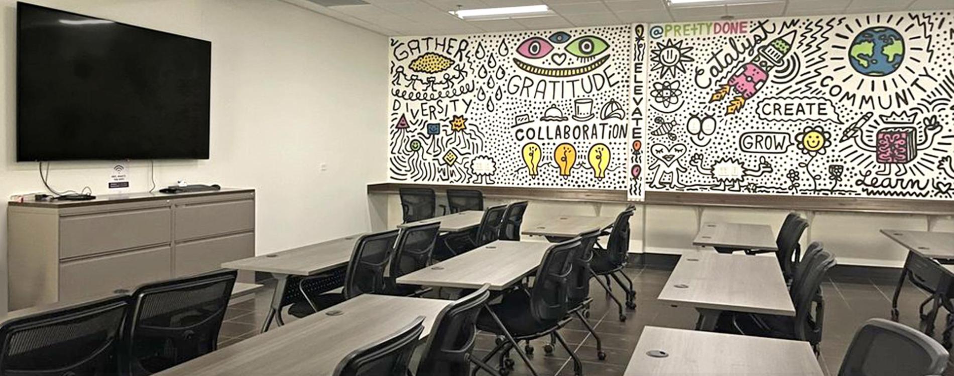 Large, fully equipped training room with inspiring artwork